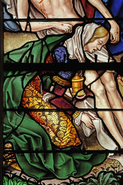 Vindu w4 som viser en scene fra livet til Maria Magdalena - helgenen ved nedstigningen fra korset av French School