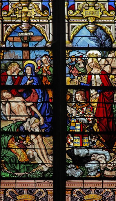 Vindu w4 som viser Descent from Cross med giveren Francois de Montmorency og Ste Francoise av French School