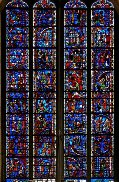 Vindu w53 som viser scener fra livet til St. Katarina, St. Nicholas, St. John Baptist, St. Stephen av French School