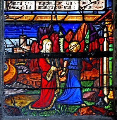 Vindu w5 som viser Maria Magdalena; hun går i eksil og blir ledet av en engel av French School