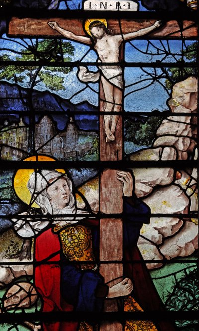 Vindu w5 som viser en scene fra livet til Maria Magdalena - helgenen ved korset av French School