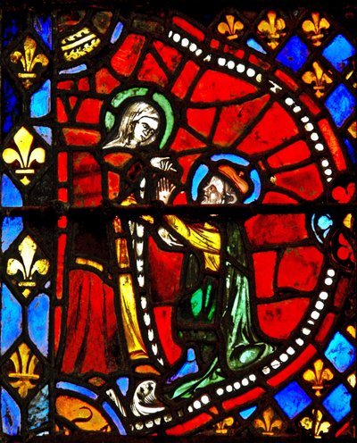 Vindu w6 som viser en scene fra Jomfru Marias liv: Josef ber Jomfru Maria om tilgivelse av French School