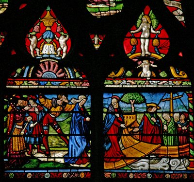 Vindu w6 som viser en scene fra Maria Magdalenas liv - hun går om bord i en båt av French School