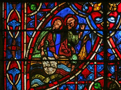 Vindu w7 som viser St Peter og mirakuløst trekk av fisk av French School