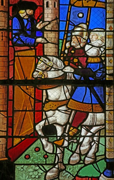 Vindu w8 som viser St. Augustine besøker Comte dAfrique, Boniface, for å beskytte folket i Hippo mot vandalene av French School