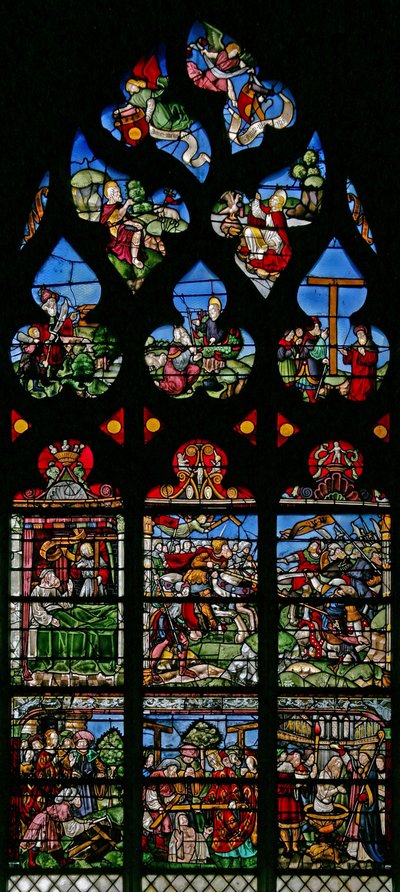 Vindu w8 som viser St Helen, Constantine and the Triumph of Cross av French School