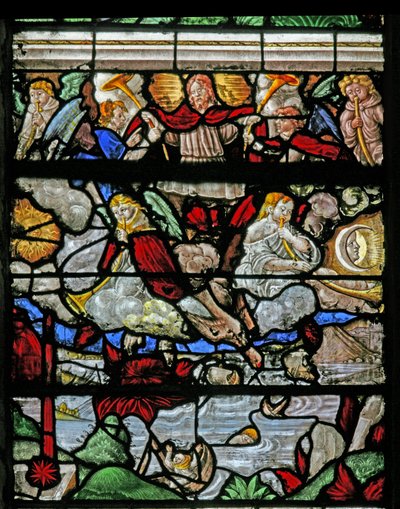 Vindu w9 som viser en scene fra St Johns Book of the Revelation av French School