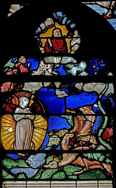 Vindu w9 som viser en scene fra St Johns Book of the Revelation av French School