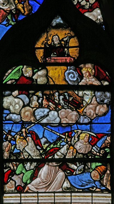Vindu w9 som viser den siste dommen - etter Albert Durer av French School
