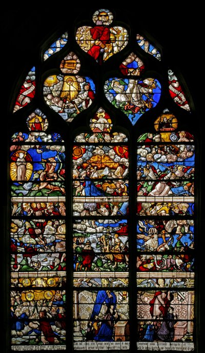 Vindu w9 som viser den siste dommen - etter Albert Durer av French School