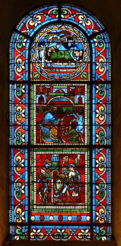 Vindu wXVIII som viser 3 paneler tilskrevet Ascension Master: en sovende konge; Pilatus vasker hendene; Peter blir ført ut av fengselet av en engel av French School