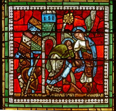 Vindu wXVIII som viser St Peter ledet ut av fengselet av en engel av French School