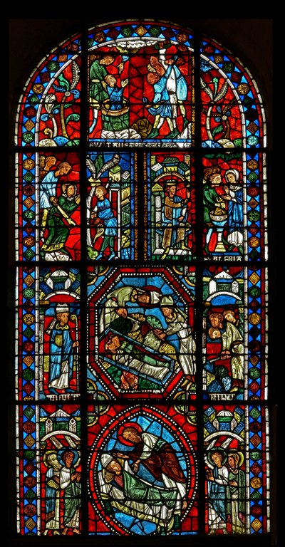 Vindu wXX som viser sammensatt vindu om relikviene til St. Gervais et Protais og martyrdøden til deres foreldre St. Vital og Valery av French School