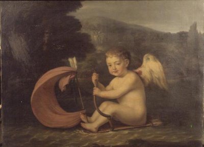 Bevinget Amor, seiler en båt med koggerskrog og pilmast, ca. 1800 av French School