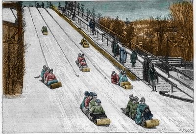 Vinterlek og sport: Tobogan-sklien, berg-og-dal-bane i Montreal Park, Canada. Gravering i "" Nature. Journal of science og dets anvendelser til kunst og industri. av French School