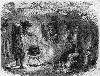 Witchcraft practice: witch around a cauldron making magic potions and sortileges. Engraving in “Histoire des Papes-Rois-Queen and Empereurs a travers les centuries”” by Maurice Lachatre av French School