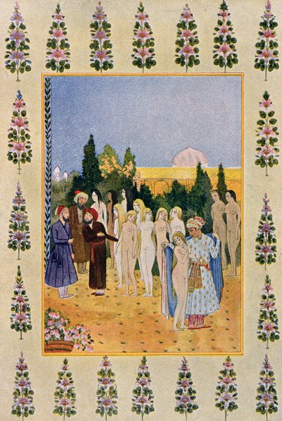 Med min kappe skal jeg beskytte hennes nakenhet, illustrasjon fra The Arabian Nights, 1895 (fargegravering) av French School