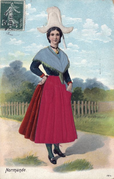 Kvinne i tradisjonell drakt fra Normandie C. 1910 - Kvinne i tradisjonell drakt fra Normandie av French School