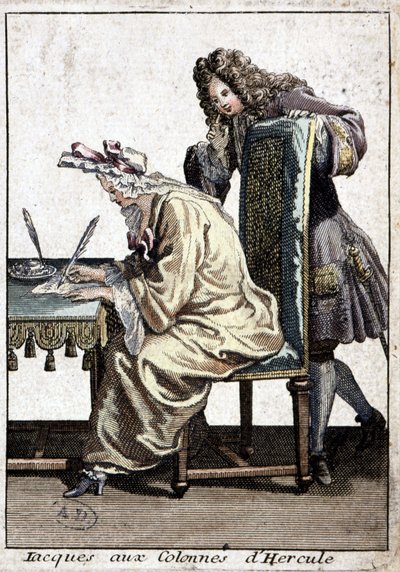 Kvinne i skjorte og nattcaps skriver et brev med mann, n.d. v. 1715. av French School