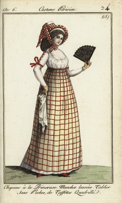 Kvinne i Primerose-hattemoten fra 1798 (håndfarget kobberstikk) av French School