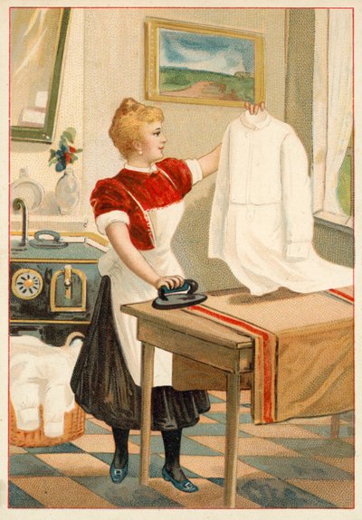 Kvinnestryking (chromolitho) av French School