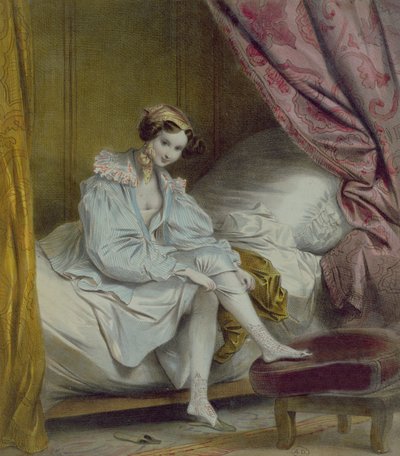 Kvinne som tar på seg strømper, ca. 1830 av French School