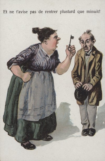 Kvinne som skjeller ut mannen sin (farge litho) av French School