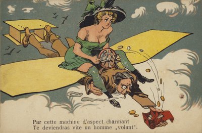 Kvinne med delvis eksponert byste som rir på en mann/fly (fargelitografi) av French School