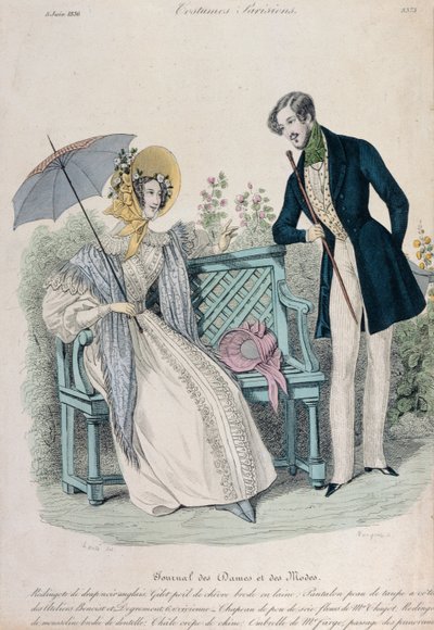 Kvinne med paraply og mann i frakk i en hage, moteplate fra Journal des Dames et des Modes, 5. juni, 1836 av French School
