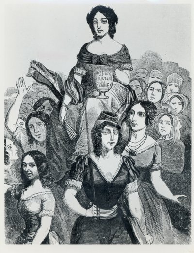 Kvinner som bærer Jeanne Deroin (1805-94) i Triumph, fra Les Femmes Celebres, bind I, Paris, Mazenod, 1848 av French School