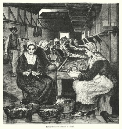 Kvinner tilbereder sardiner (gravering) av French School