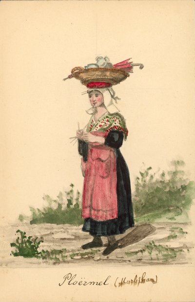Damekostyme fra Ploermel, Morbihan (fargelitografi) av French School