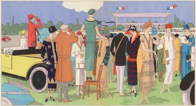 Damemote på løpene av designerne Jeanne Lanvin, Jean Patou, Premet, Georges Doeuillet (fargelitografi) av French School