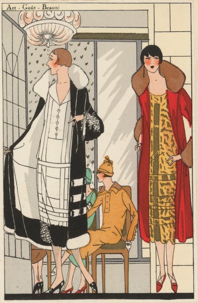 Damemote fra 1920-tallet av designer Lucien Lelong (fargelitografi) av French School
