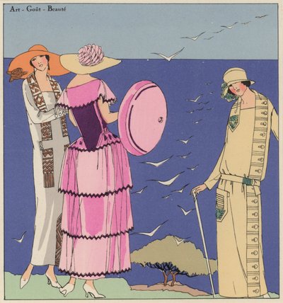 Damemote fra 1920-tallet av designerne Paul Poiret og Jacques Doucet (fargelitografi) av French School
