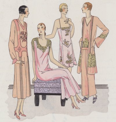 Dameundertøysdesign fra 1930-tallet av designerne Redfern og Rouff (fargelitografi) av French School