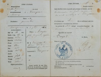 Arbeiderhåndbok utstedt av Mairie av Dampmart til Felix Auger (f.1850), 1864 av French School