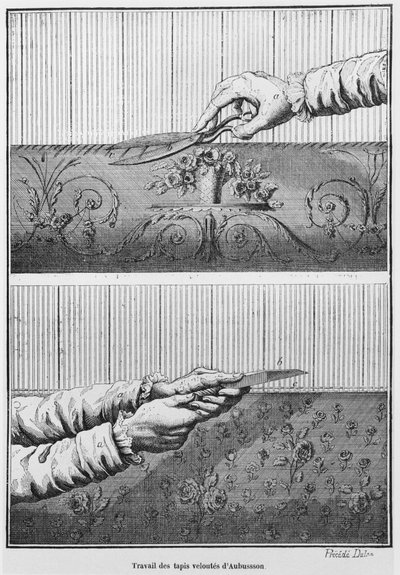 Jobber med Aubusson-tepper i fløyel av French School