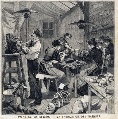 Workshop for å produsere masker for forkledningene til Mardi Gras-festivalen (Mardi-Gras). I "" Le Petit Parisien"" den 14/02/1897 av French School