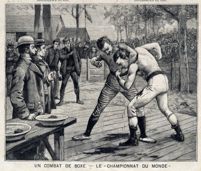 World Championship: boxing fight between Jim Corbett and Bob Fitzsimmons in Carson, Nevada, United States: In “” The Little Parisien”” on 11/04/1897. Private Collection av French School