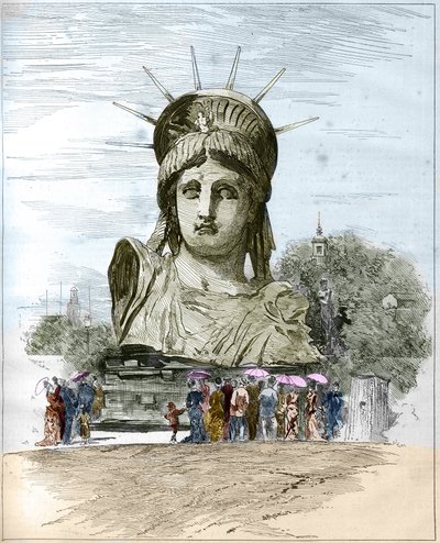 Verdensutstilling 1878 i Paris: lederen av Frihetsgudinnen av Frederic Auguste Bartholdi (1834-1904). Gravering av Edgard Morin i ""The Illustrous World"" nr. 1111 av 13. juli 1878. av French School