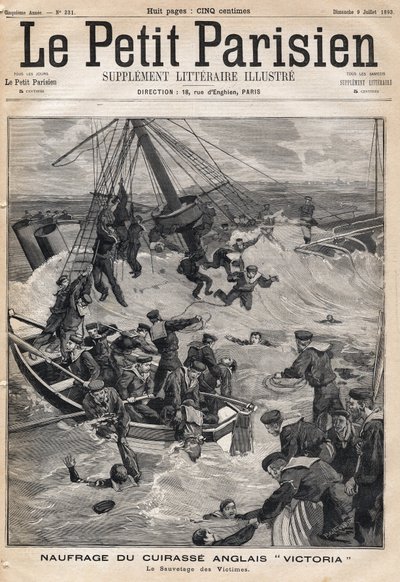 Vraket av den engelske rustningen "Victoria"" etter en kollisjon på kysten av Syria og redde ofrene. En av avisen "Le petit Parisien"" 9.07.1893 (gravering) av French School