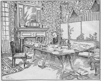 Writer Alexandra Dumas Jr. (1824-1895) in his work cabinet. Engraving in “La gazette du dimanche”” of 12 December 1895. av French School