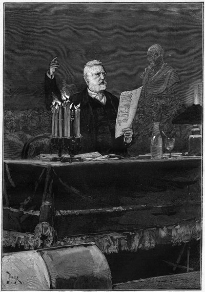 Forfatter Victor Hugo (1802-1885) taler i anledning hundreårsdagen for Voltaires død, berømt ved Theatre de la Gaite i Paris 30. mai 1878. Gravering i "" Le Monde Illustré"" nr. 1106 av 8. juni 1878. av French School