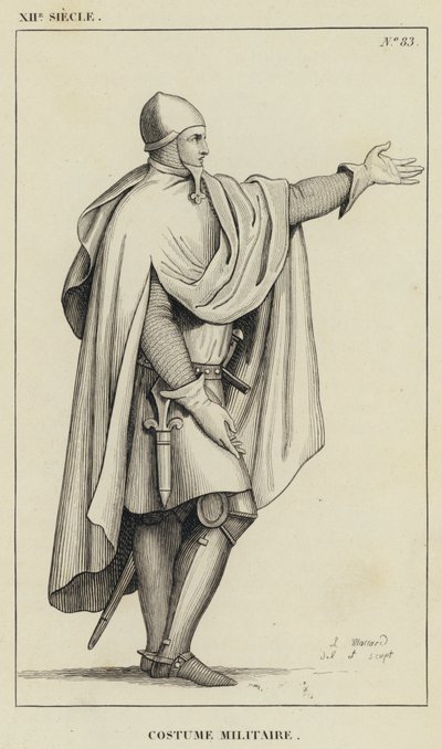 XII Century, militærdrakt (gravering) av French School