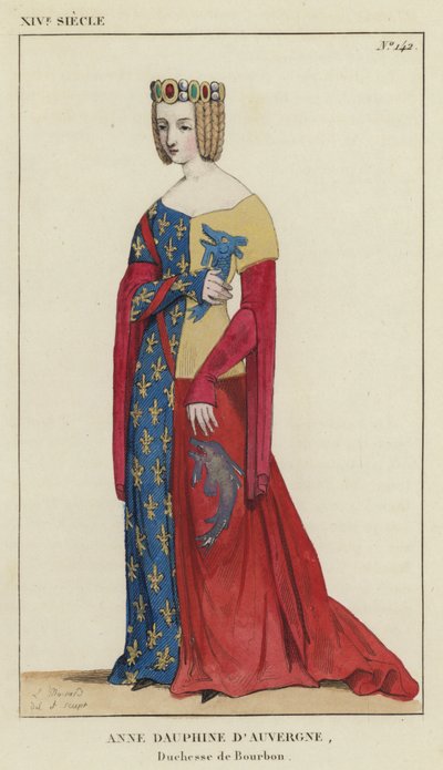 XIV Century, Anne Dauphine av Auvergne, hertuginne av Bourbon (farget gravering) av French School