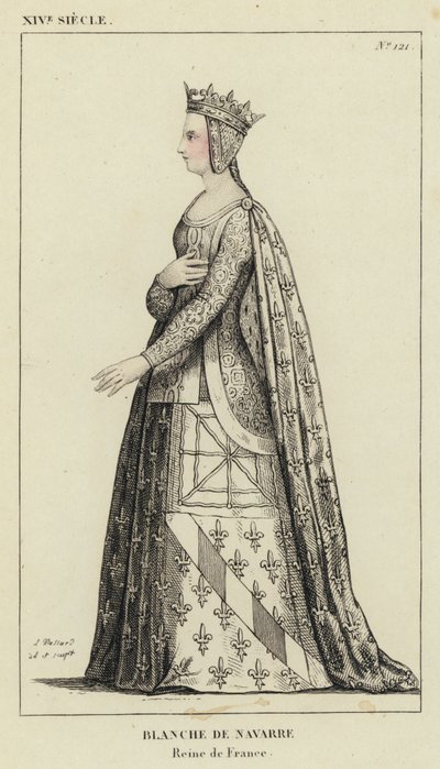 XIV Century, Blanche av Navarre, dronning av Frankrike (farget gravering) av French School