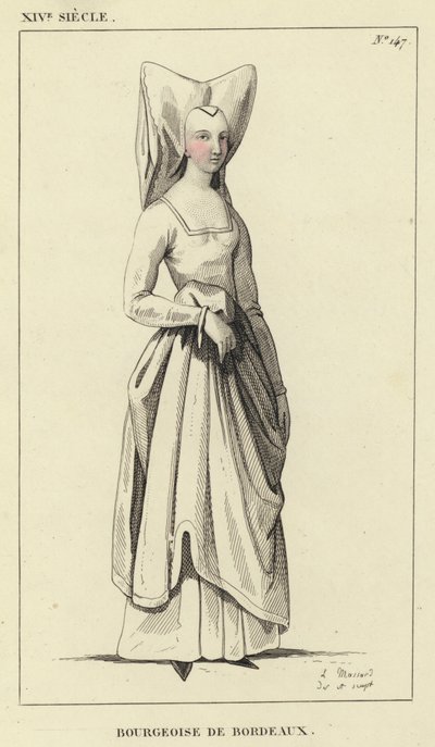 XIV Century, Bourgeoise of Bordeaux (farget gravering) av French School