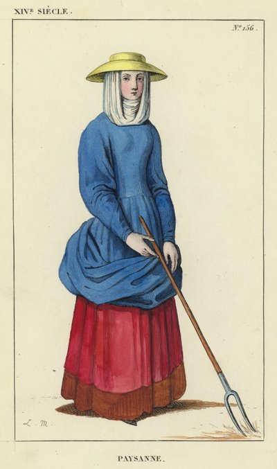 XIV Century, bondekvinne (farget gravering) av French School