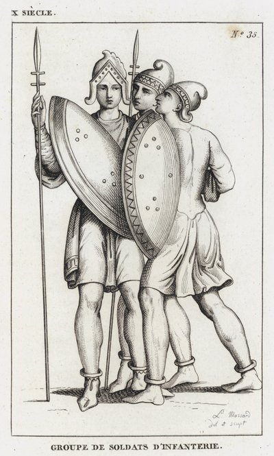 X Siecle, gruppe infanterisoldater (gravering) av French School
